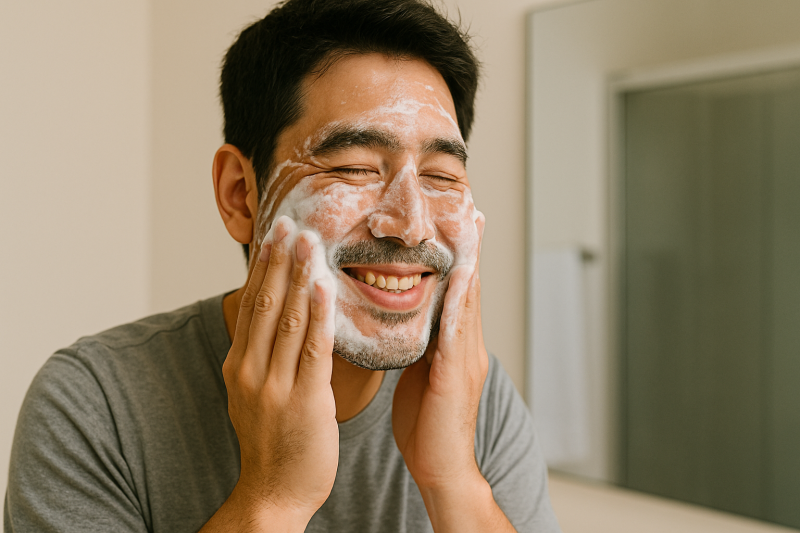 笑顔で洗顔する男性