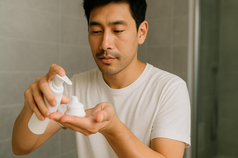 手に洗顔料を出す男性