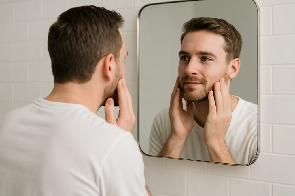 男性が鏡で肌を確認している