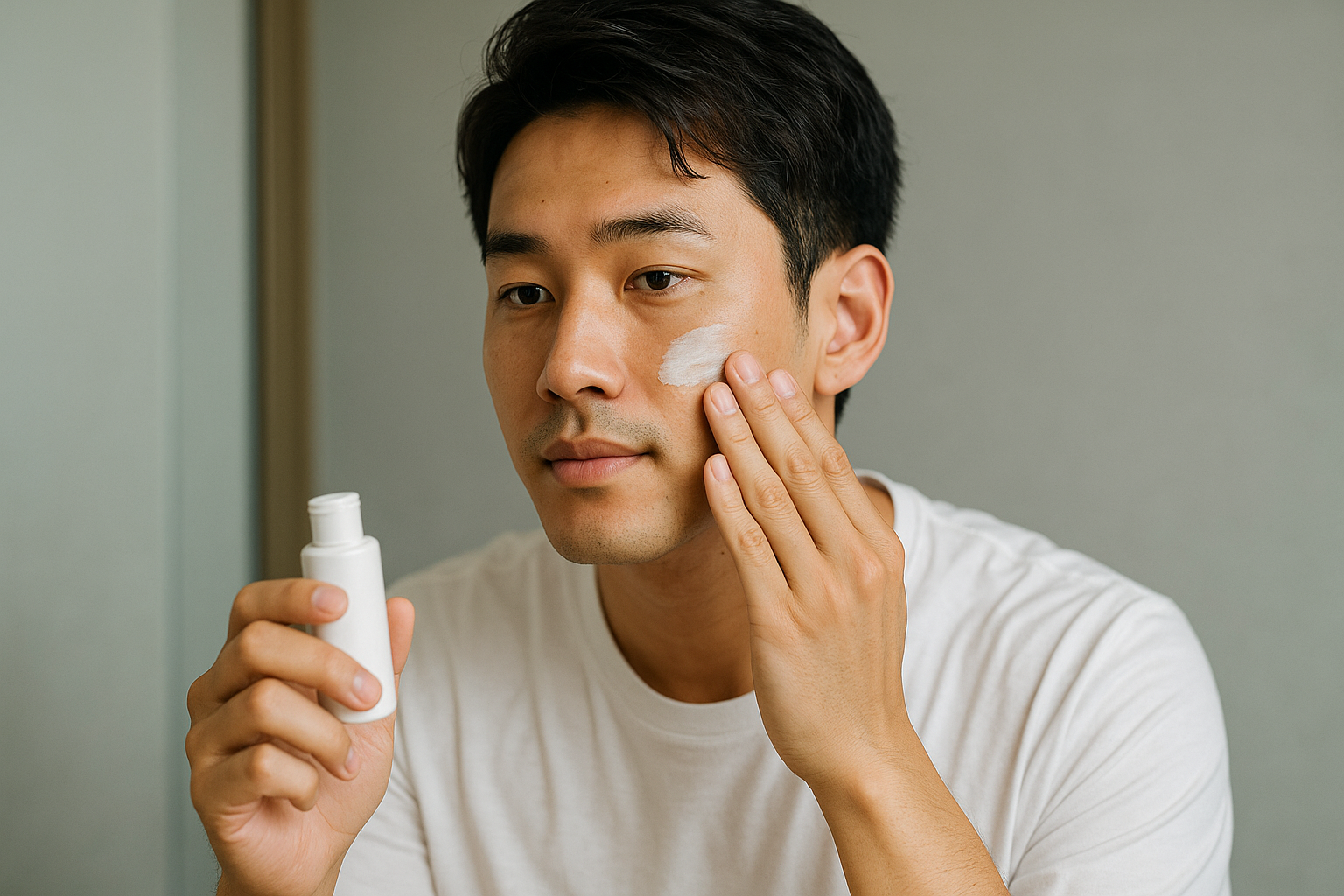 肌にクリームを塗る男性