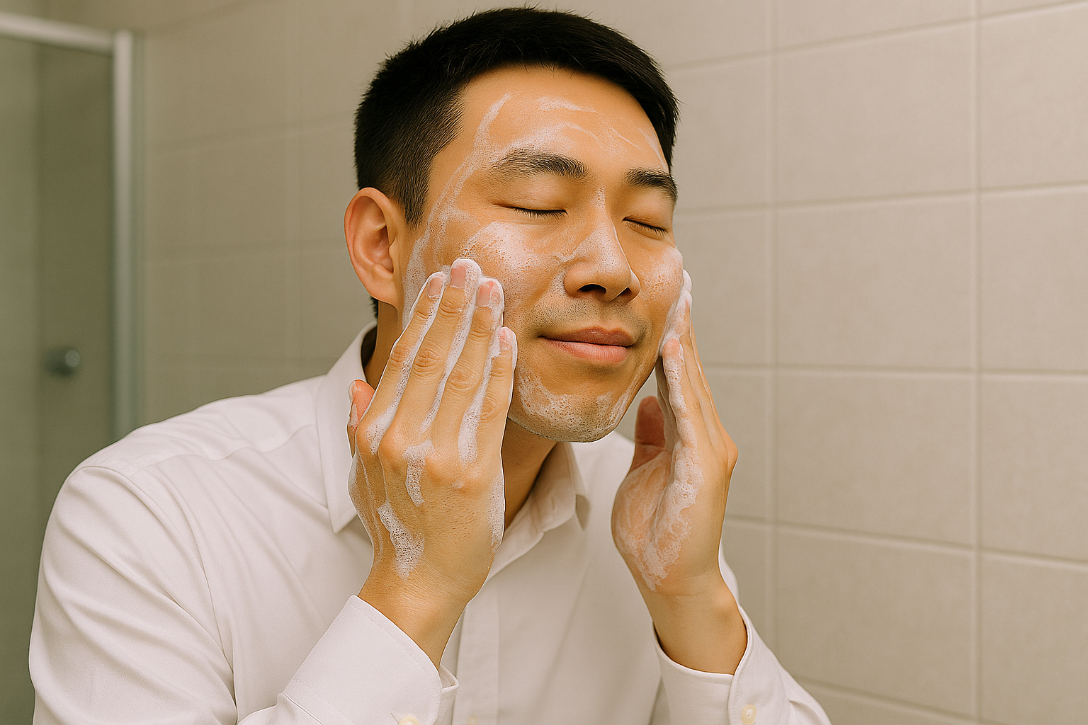 洗顔をする男性