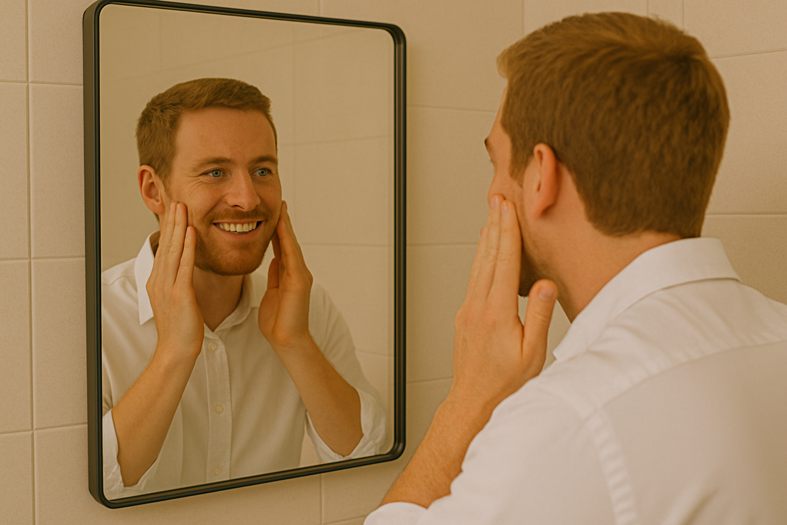 鏡で肌の調子を確認する男性