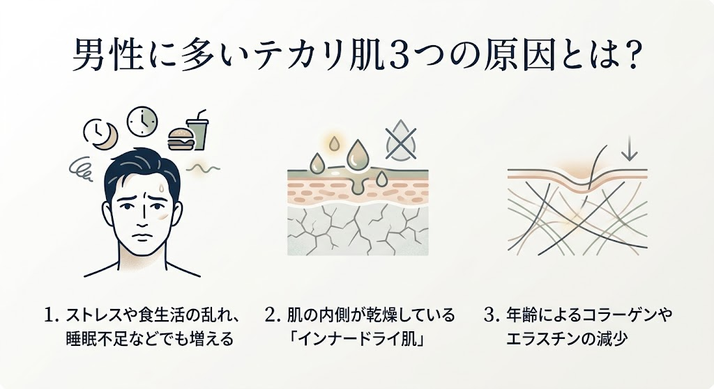 男性のテカリ肌3つの原因を解説するイラスト