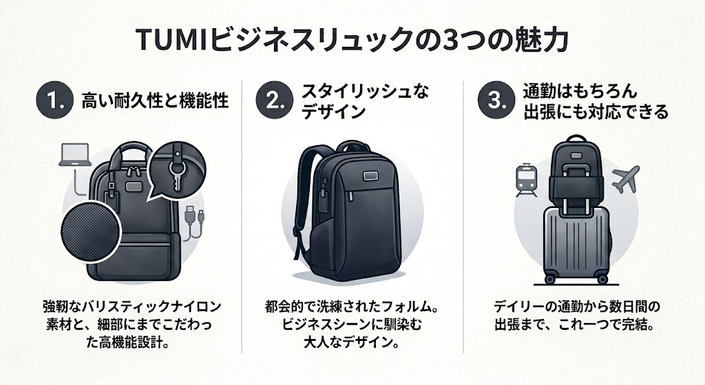 トゥミのビジネスリュックの3つの魅力を解説したイラスト
