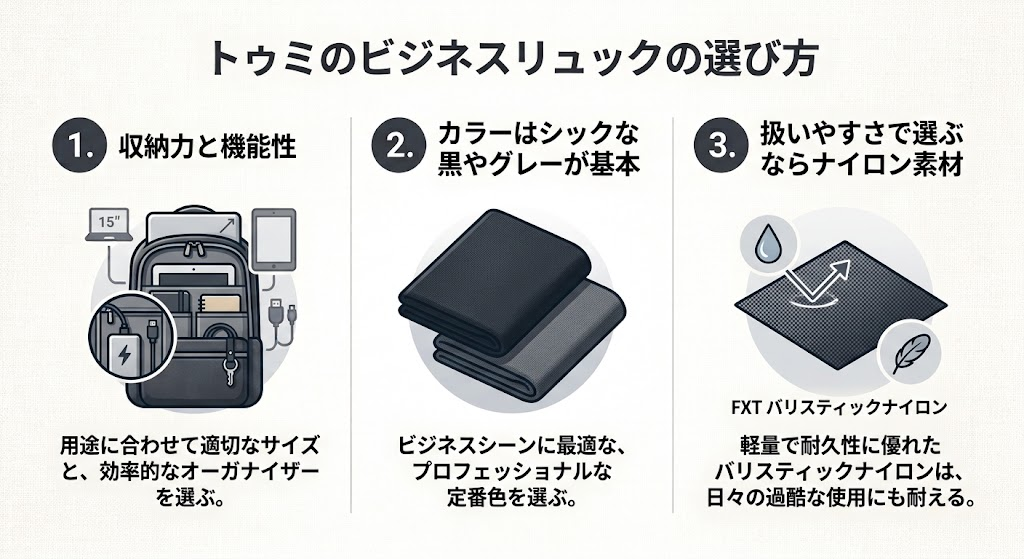 トゥミのビジネスリュックの選び方の紹介するイラスト