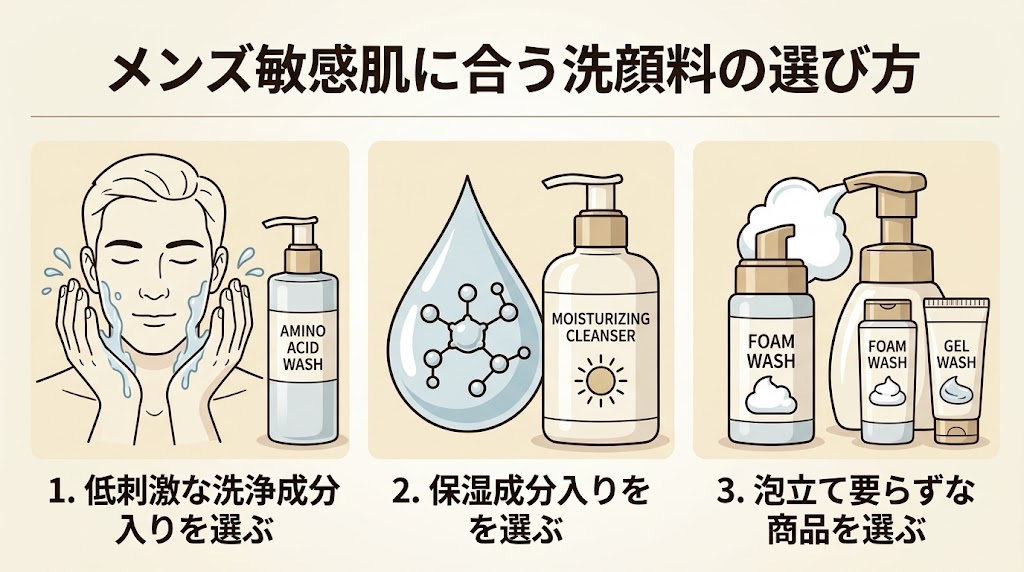 メンズ敏感肌に合う洗顔料の選び方についてのイラスト