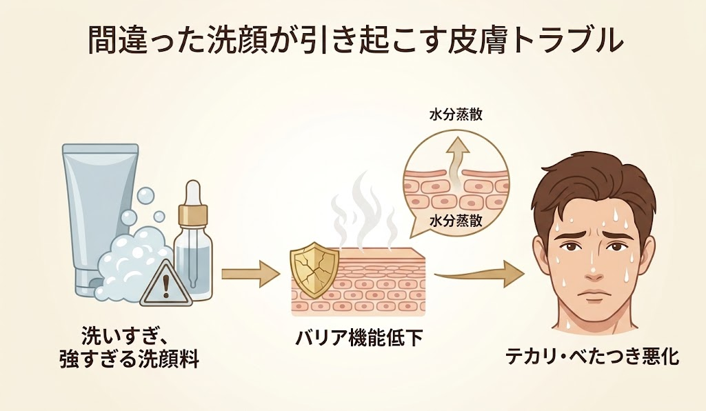 間違った洗顔が引き起こす皮膚トラブルのイラスト