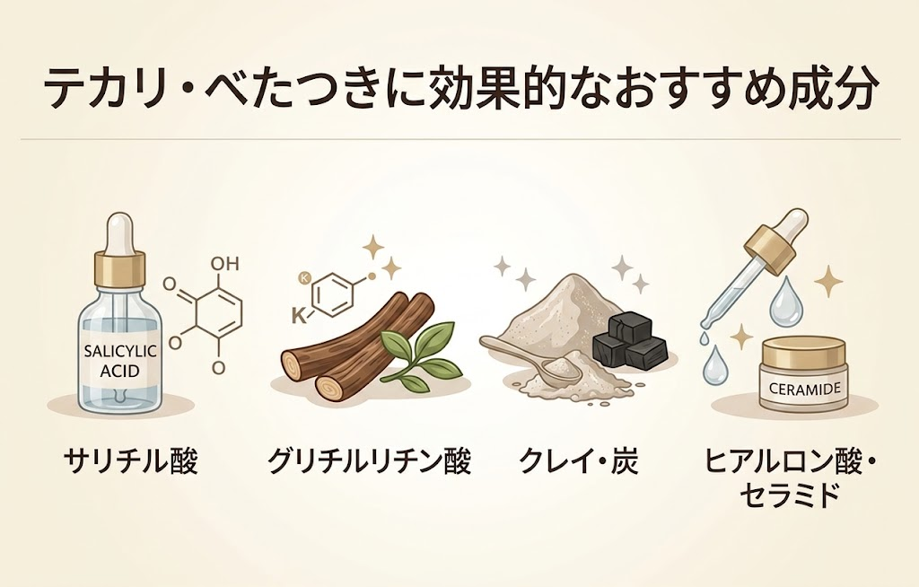 テカリ・べたつきに効果的なおすすめ成分のイラスト