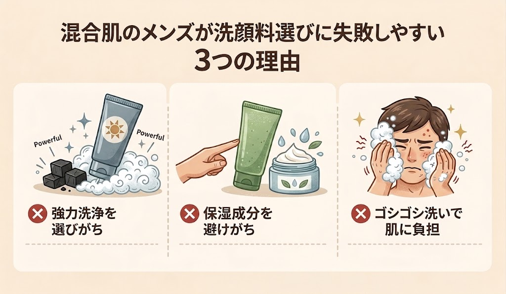 混合肌のメンズが洗顔料選びに失敗しやすい3つの理由のイラスト