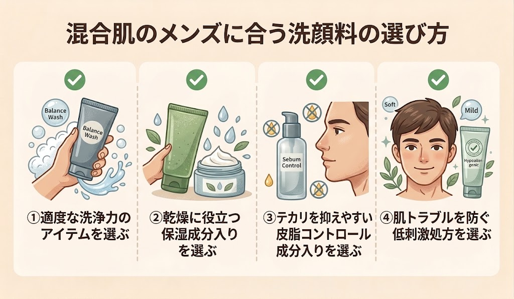 混合肌のメンズに合う洗顔料の選び方についてのイラスト