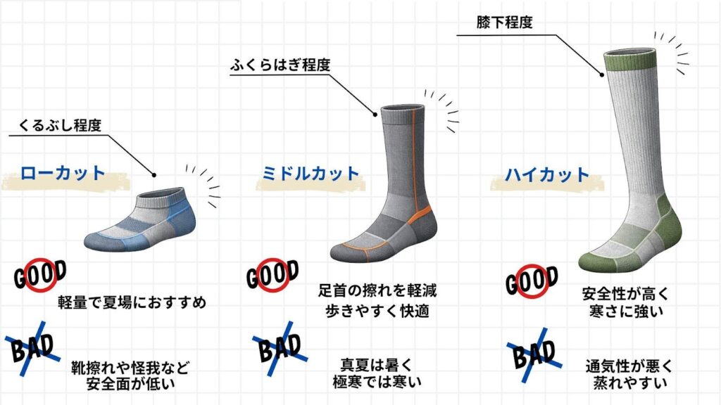 登山用靴下の丈の長さの特徴