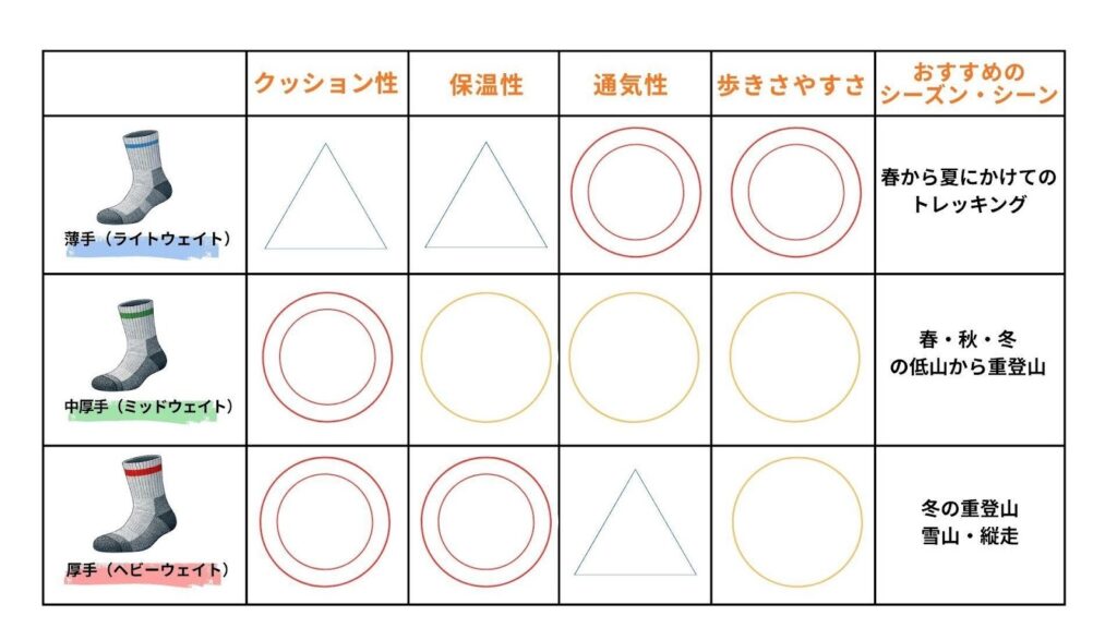 登山用靴下の特徴をまとめた表