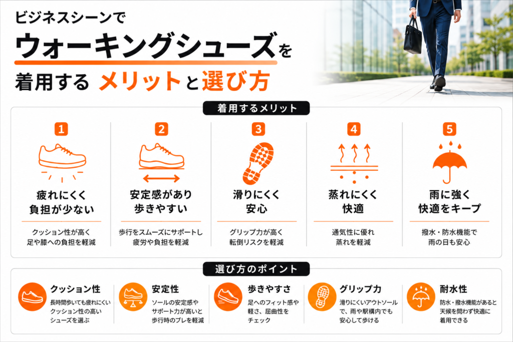ビジネスシーンでウォーキングシューズを着用するメリットと選び方